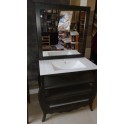 Mueble baño 88cm color Wengue ancho madera 1 cajon 2 bandejas espejo y grifo