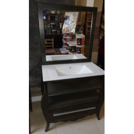 Mueble baño 88cm ancho color Wengue madera 1 cajon 2 bandejas espejo y grifo